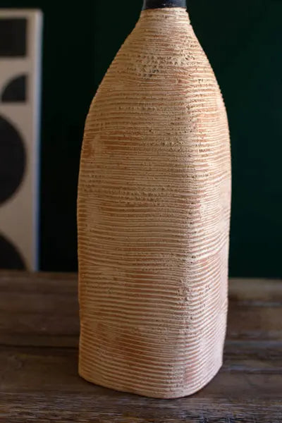 Ivory And Black Textured Clay  Bottle Vase Kalalou