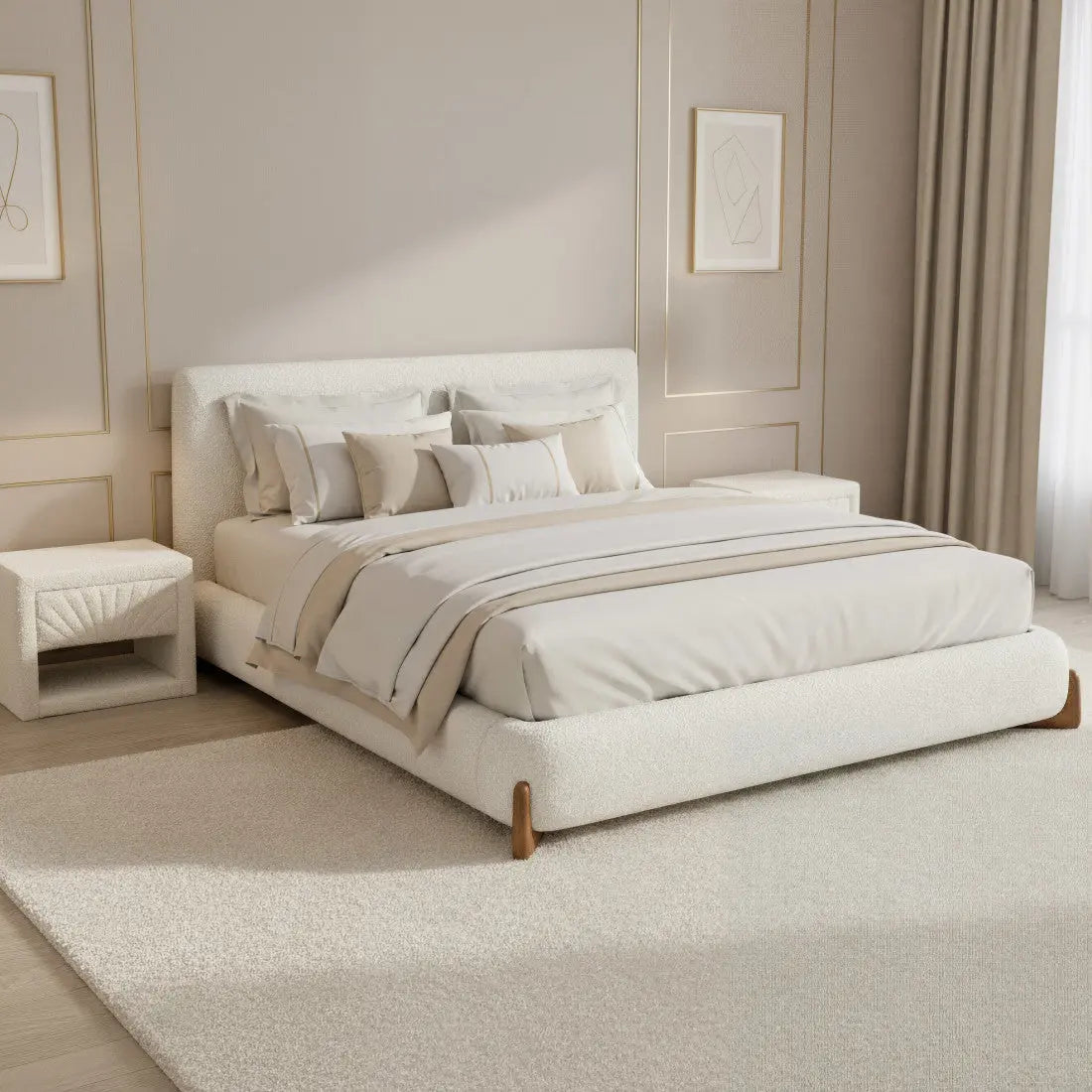 Ivory Solid Wood And Boucle King Bed Frame Homeroots Bed & Bath