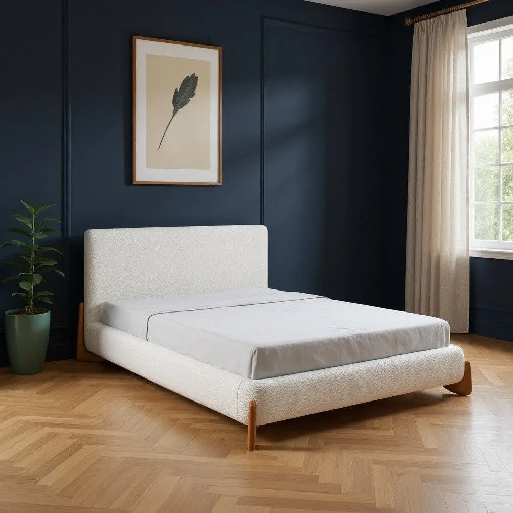 Ivory Solid Wood And Boucle Queen Bed Frame Homeroots Bed & Bath