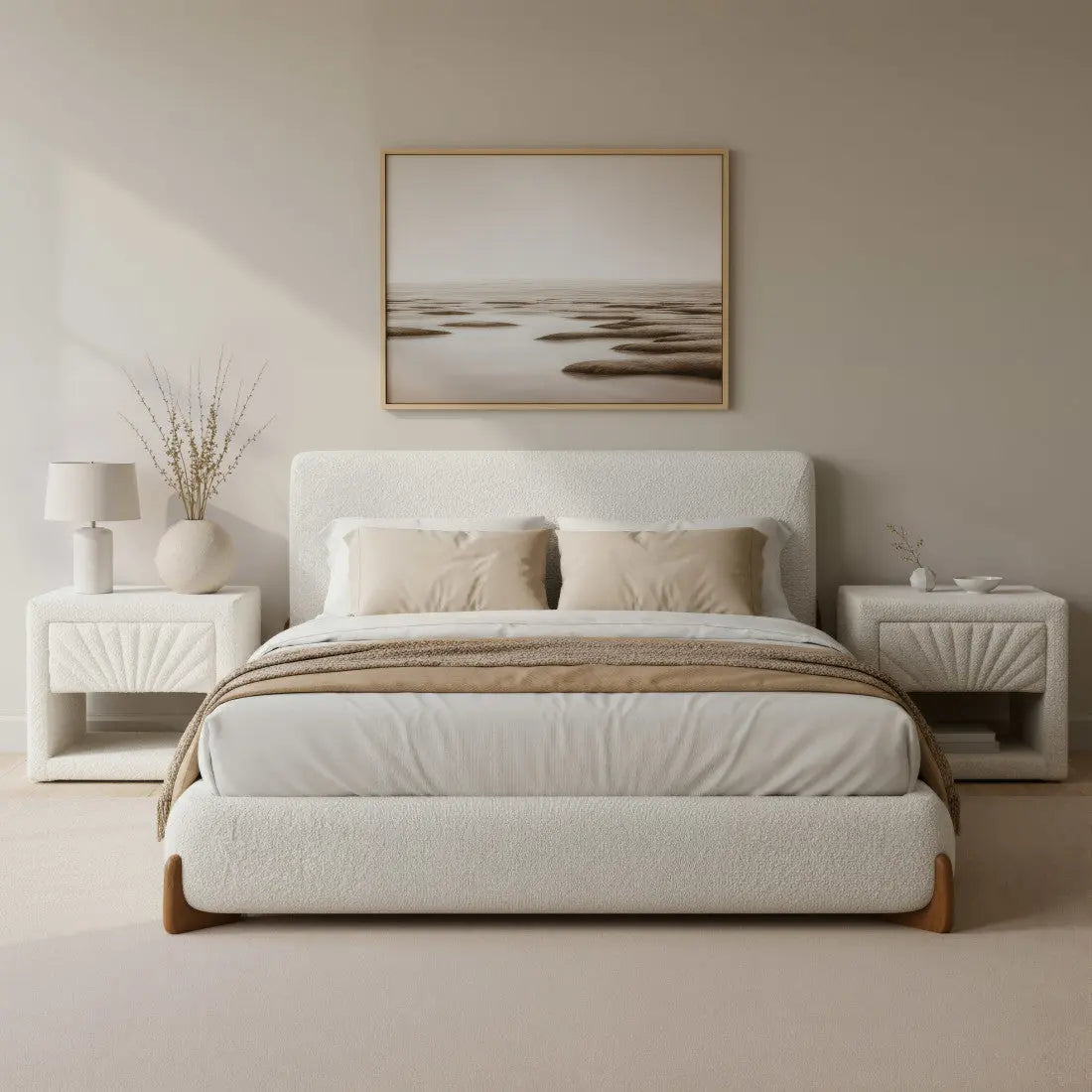 Ivory Solid Wood And Boucle Queen Bed Frame Homeroots Bed & Bath
