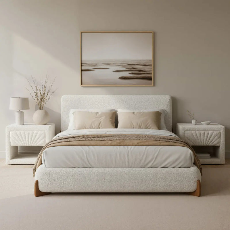 Ivory Solid Wood And Boucle Queen Bed Frame Homeroots Bed & Bath