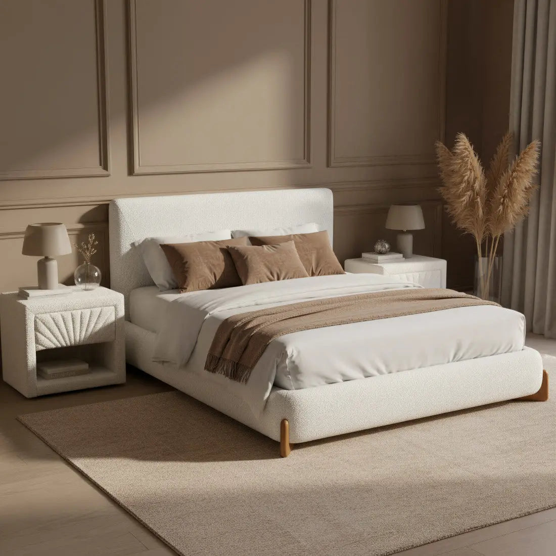 Ivory Solid Wood And Boucle Queen Bed Frame Homeroots Bed & Bath