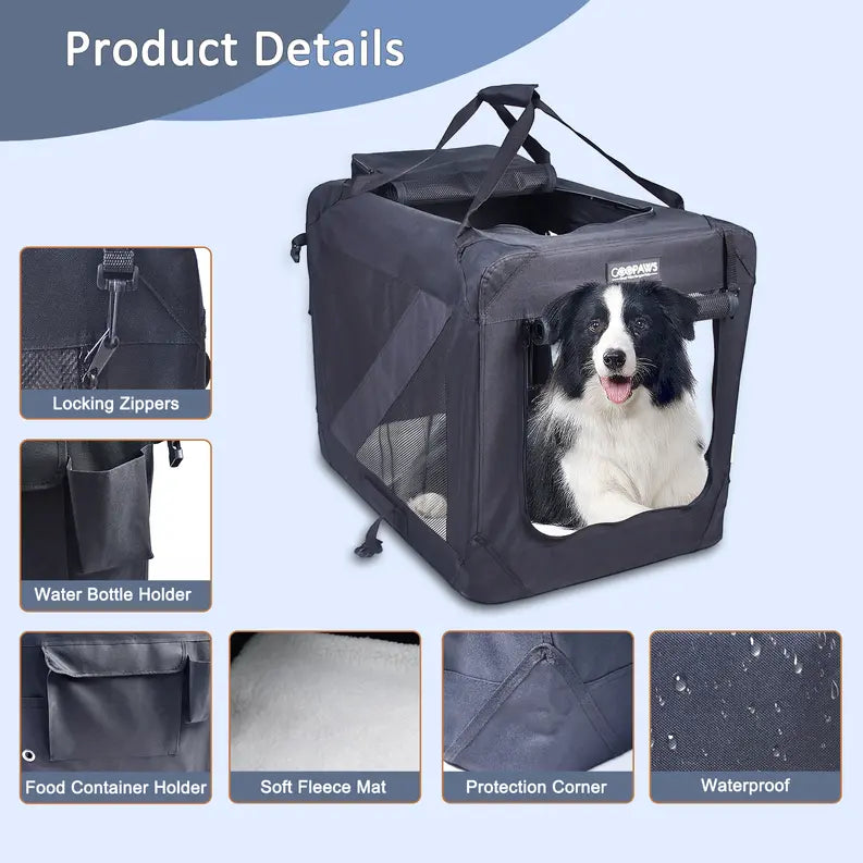 JESPET Soft Pet Crates Kennel, 3 Door Soft Sided Folding Travel Pet Carrier with Straps and Fleece Mat for Dogs, Cats, Rabbits, Indoor/Outdoor Use with Grey, Blue & Beige, Black JESPET
