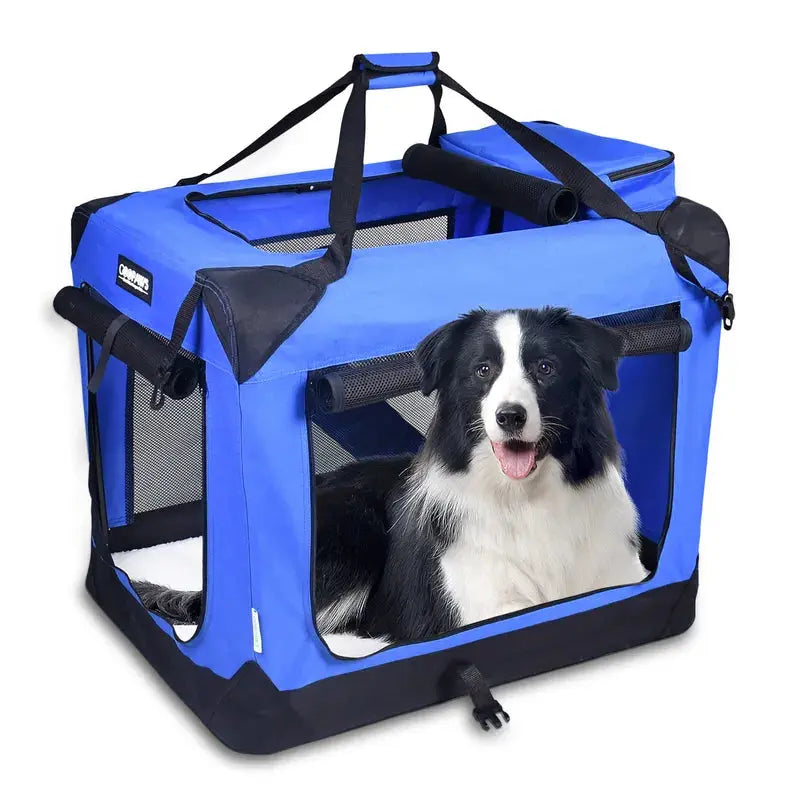 JESPET Soft Pet Crates Kennel, 3 Door Soft Sided Folding Travel Pet Carrier with Straps and Fleece Mat for Dogs, Cats, Rabbits, Indoor/Outdoor Use with Grey, Blue & Beige, Black JESPET