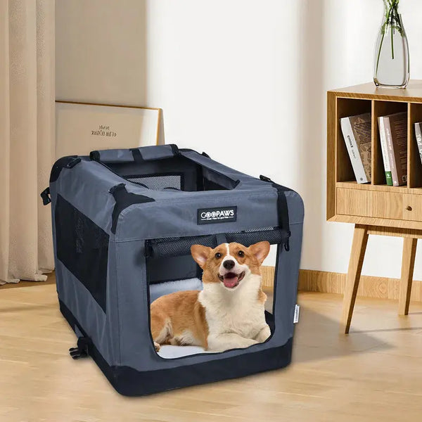JESPET Soft Pet Crates Kennel, 3 Door Soft Sided Folding Travel Pet Carrier with Straps and Fleece Mat for Dogs, Cats, Rabbits, Indoor/Outdoor Use with Grey, Blue & Beige, Black JESPET