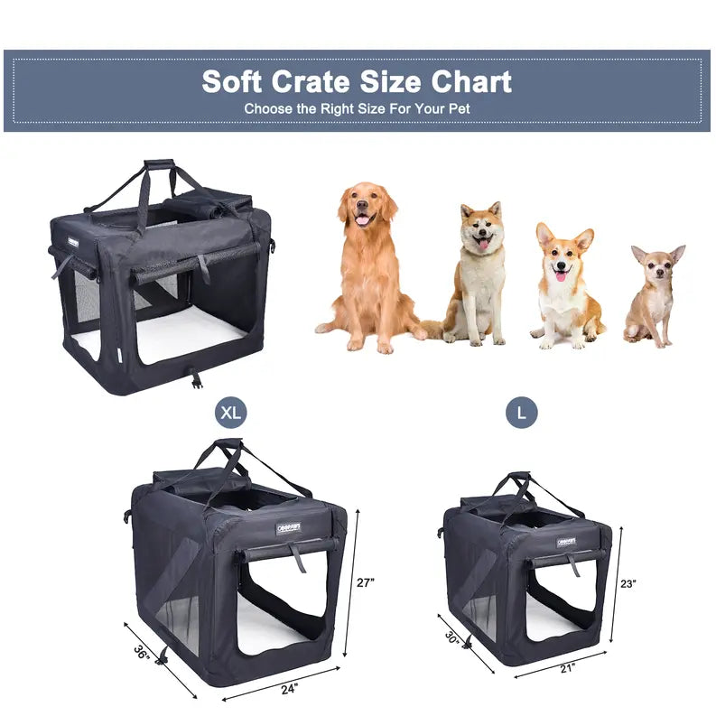 JESPET Soft Pet Crates Kennel, 3 Door Soft Sided Folding Travel Pet Carrier with Straps and Fleece Mat for Dogs, Cats, Rabbits, Indoor/Outdoor Use with Grey, Blue & Beige, Black JESPET