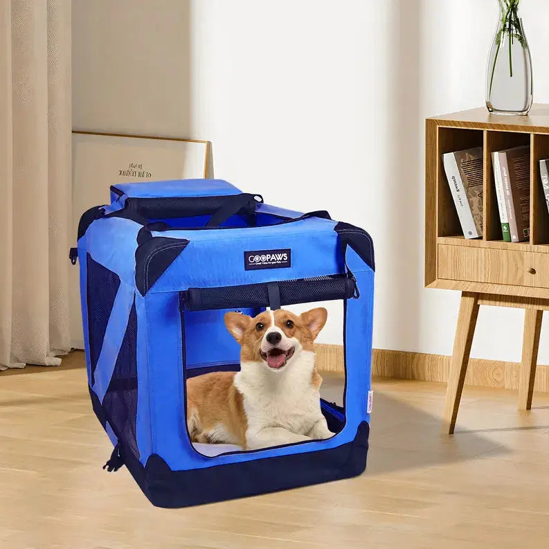 JESPET Soft Pet Crates Kennel, 3 Door Soft Sided Folding Travel Pet Carrier with Straps and Fleece Mat for Dogs, Cats, Rabbits, Indoor/Outdoor Use with Grey, Blue & Beige, Black JESPET