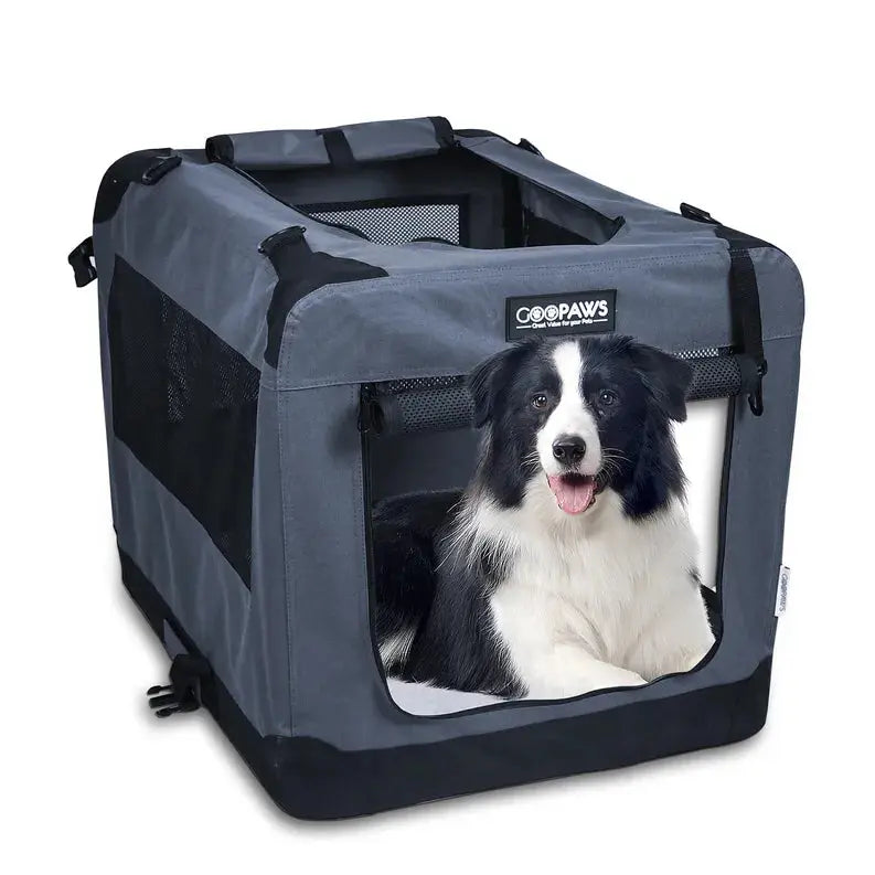 JESPET Soft Pet Crates Kennel, 3 Door Soft Sided Folding Travel Pet Carrier with Straps and Fleece Mat for Dogs, Cats, Rabbits, Indoor/Outdoor Use with Grey, Blue & Beige, Black JESPET