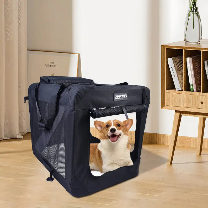 JESPET Soft Pet Crates Kennel, 3 Door Soft Sided Folding Travel Pet Carrier with Straps and Fleece Mat for Dogs, Cats, Rabbits, Indoor/Outdoor Use with Grey, Blue & Beige, Black JESPET