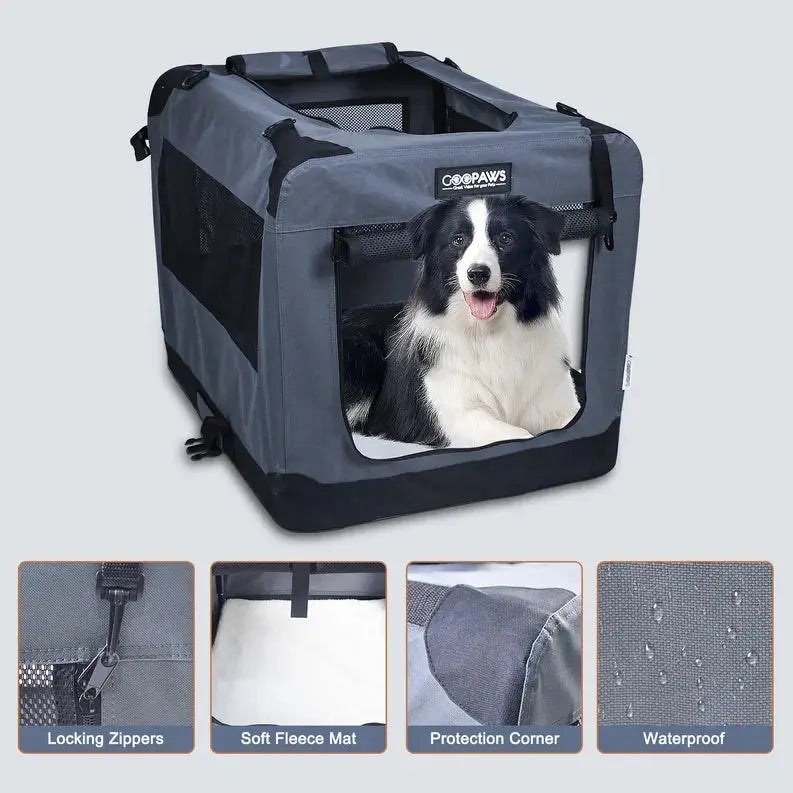 JESPET Soft Pet Crates Kennel, 3 Door Soft Sided Folding Travel Pet Carrier with Straps and Fleece Mat for Dogs, Cats, Rabbits, Indoor/Outdoor Use with Grey, Blue & Beige, Black JESPET