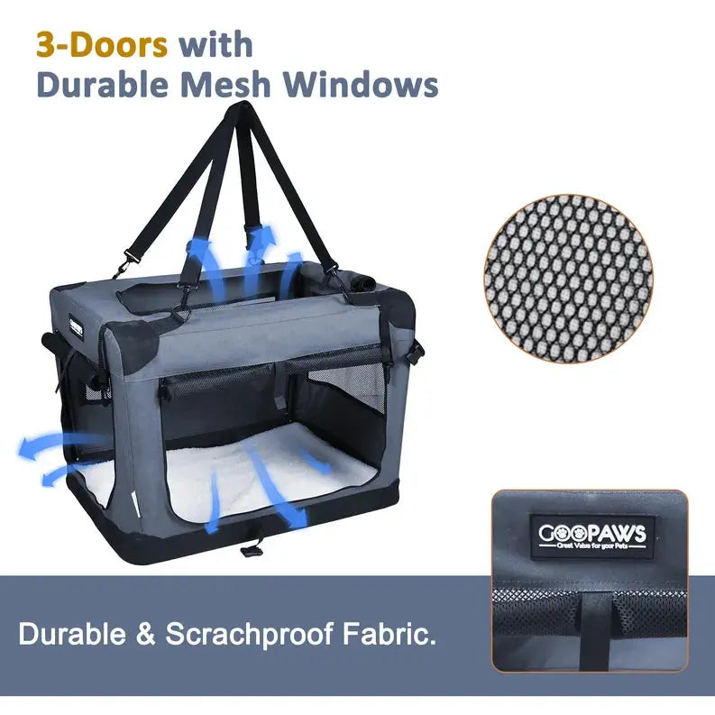 JESPET Soft Pet Crates Kennel, 3 Door Soft Sided Folding Travel Pet Carrier with Straps and Fleece Mat for Dogs, Cats, Rabbits, Indoor/Outdoor Use with Grey, Blue & Beige, Black JESPET
