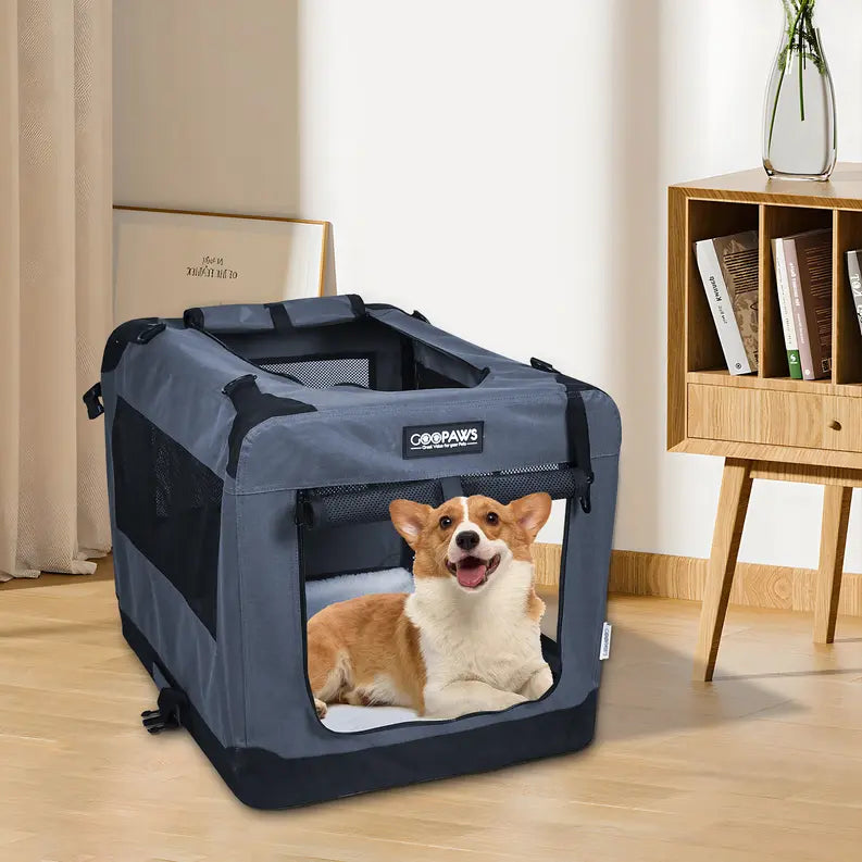JESPET Soft Pet Crates Kennel, 3 Door Soft Sided Folding Travel Pet Carrier with Straps and Fleece Mat for Dogs, Cats, Rabbits, Indoor/Outdoor Use with Grey, Blue & Beige, Black JESPET