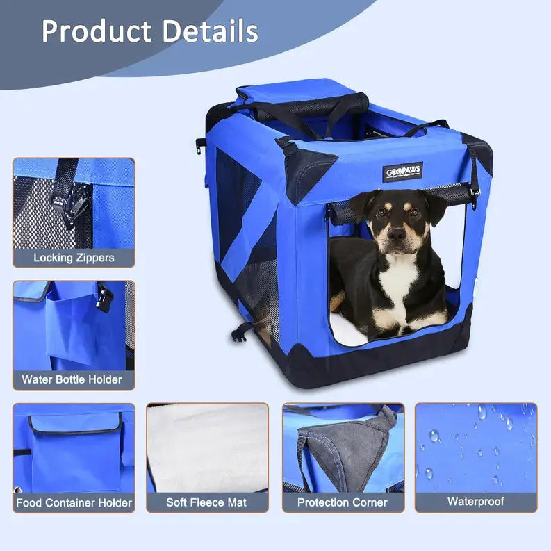 JESPET Soft Pet Crates Kennel, 3 Door Soft Sided Folding Travel Pet Carrier with Straps and Fleece Mat for Dogs, Cats, Rabbits, Indoor/Outdoor Use with Grey, Blue & Beige, Black JESPET