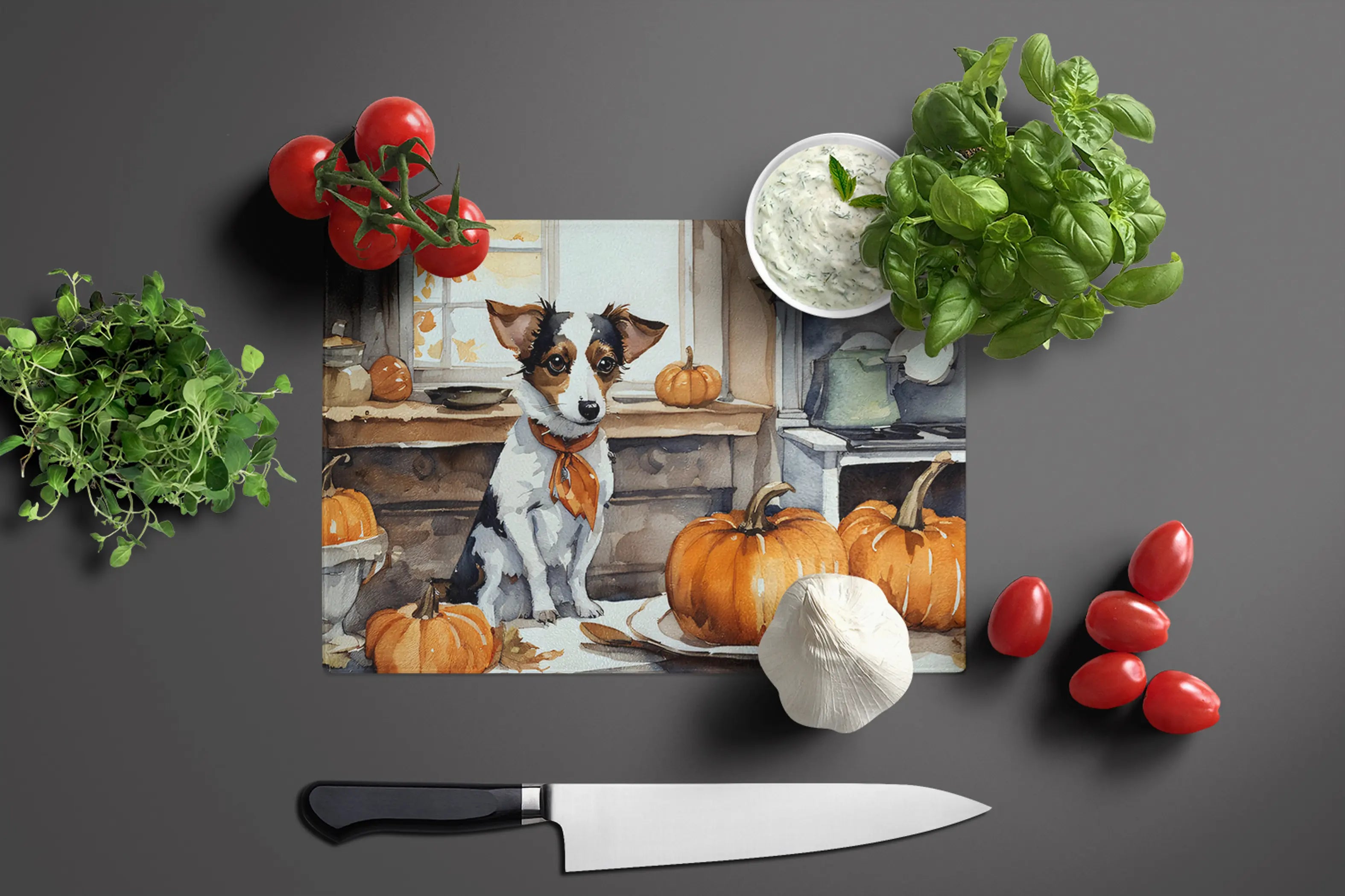 Jack Russell Terrier Fall Kitchen Pumpkins Glass Cutting Board Caroline's Treasures