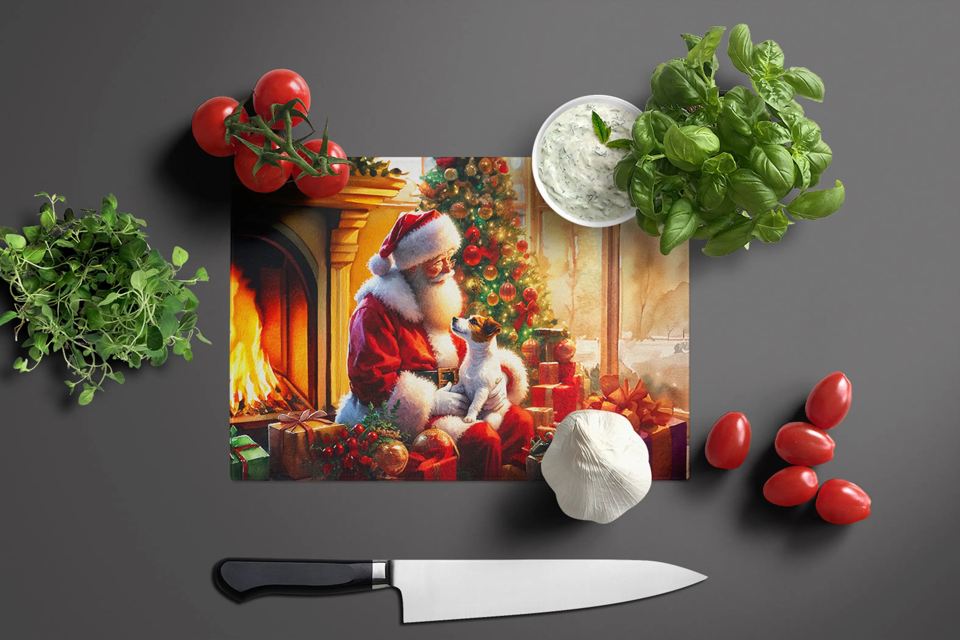 Jack Russell Terrier and Santa Claus Glass Cutting Board Caroline's Treasures