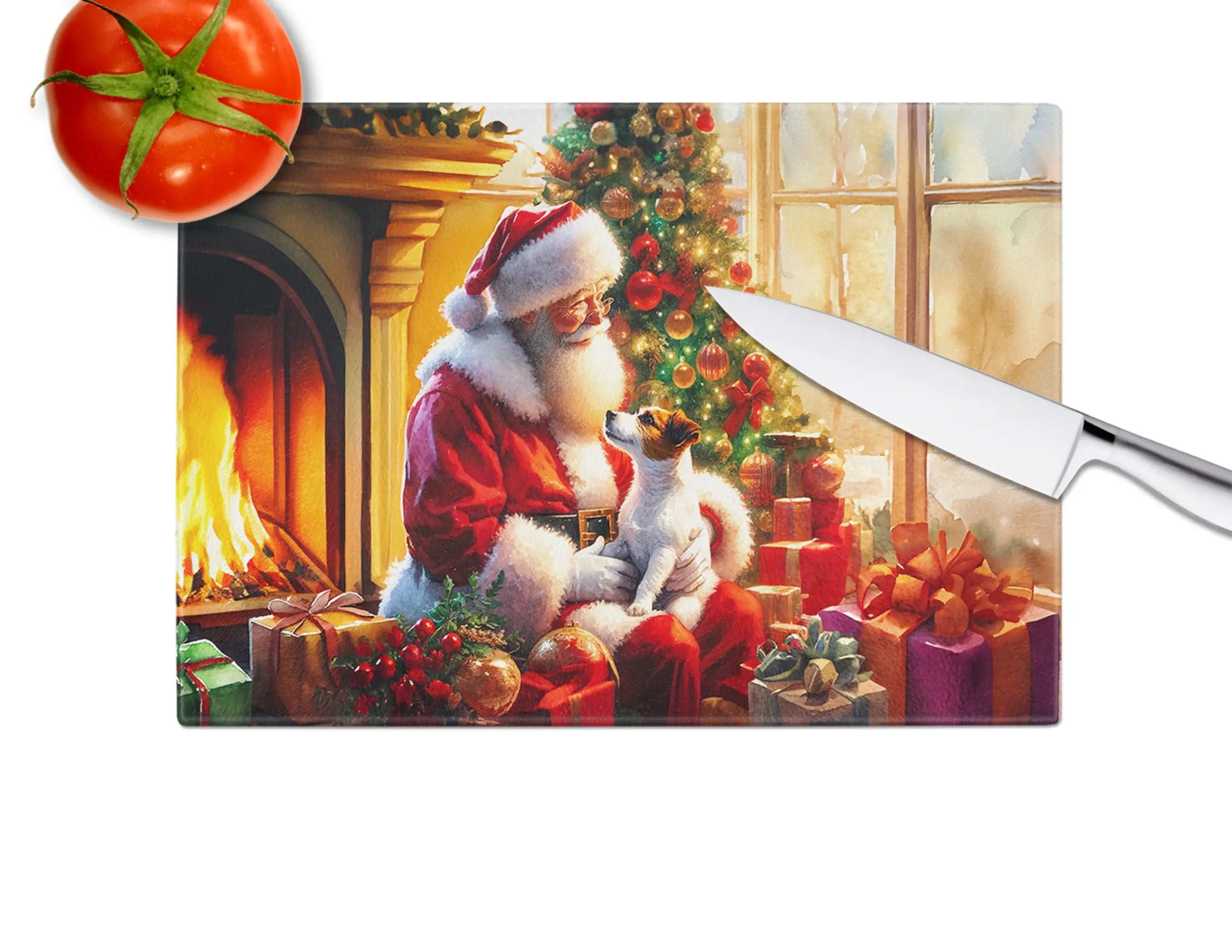 Jack Russell Terrier and Santa Claus Glass Cutting Board Caroline's Treasures
