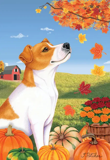 Jack Russell- Tomoyo Pitcher Autumn Leaves Outdoor Flag Best of Breed