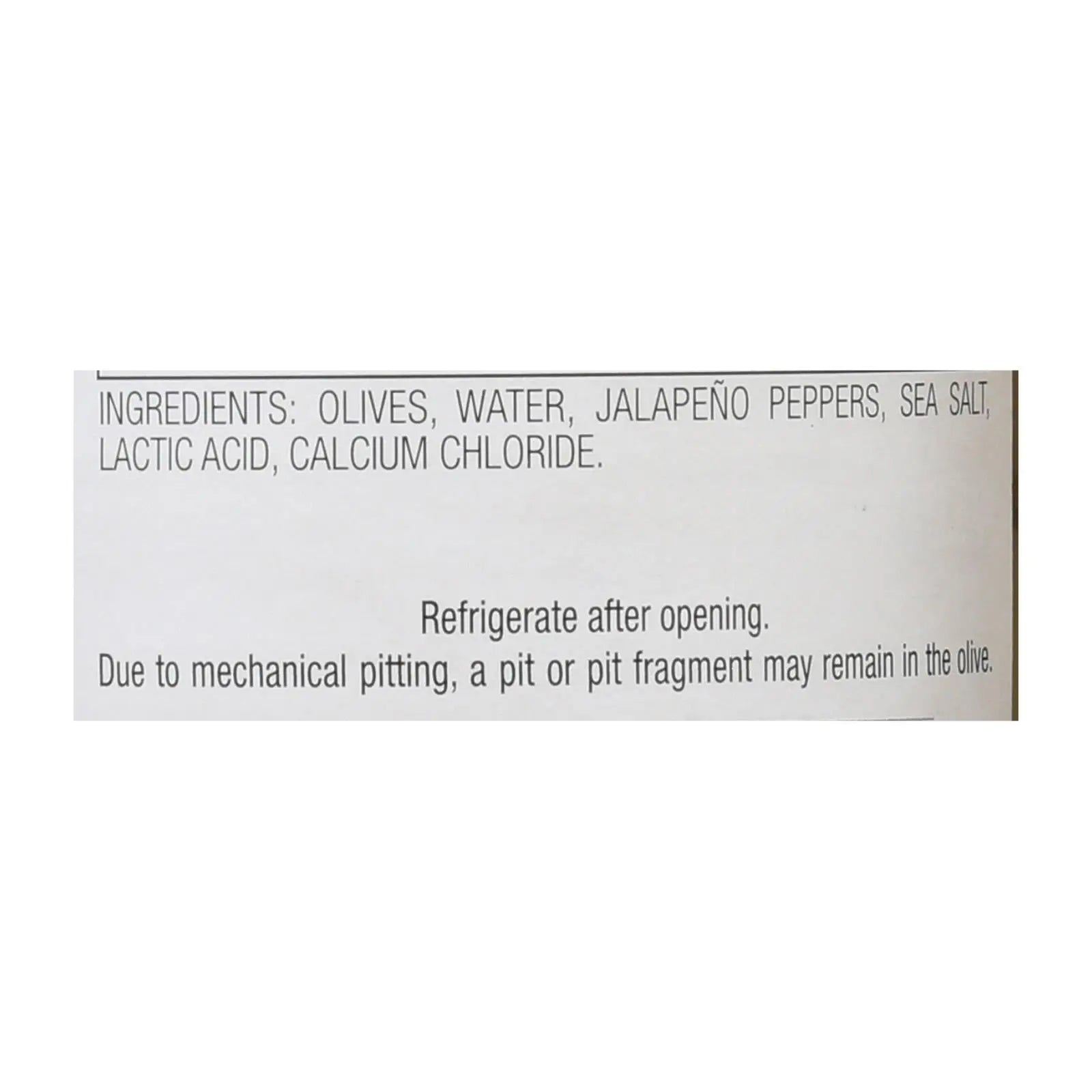 Jalapeño stuffed green olives in a jar, featuring a label with ingredients and storage instructions.