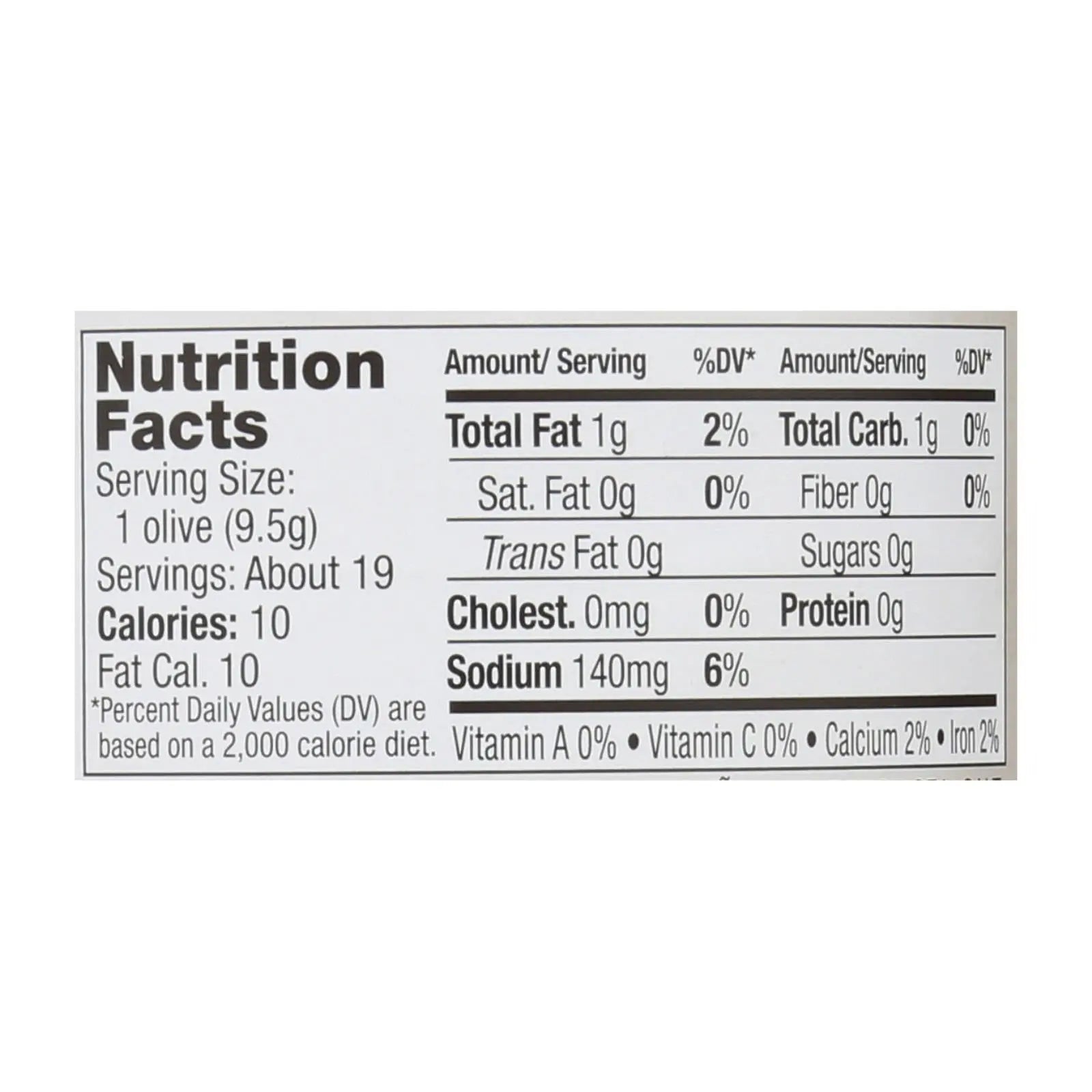 Nutrition facts label for olives, detailing calories, fats, carbs, and vitamins; clear black text on white background.