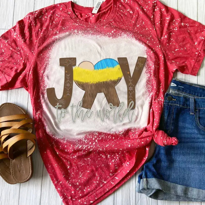Joy To The World Bleached Shirt - Red Christmas CK's Boutique