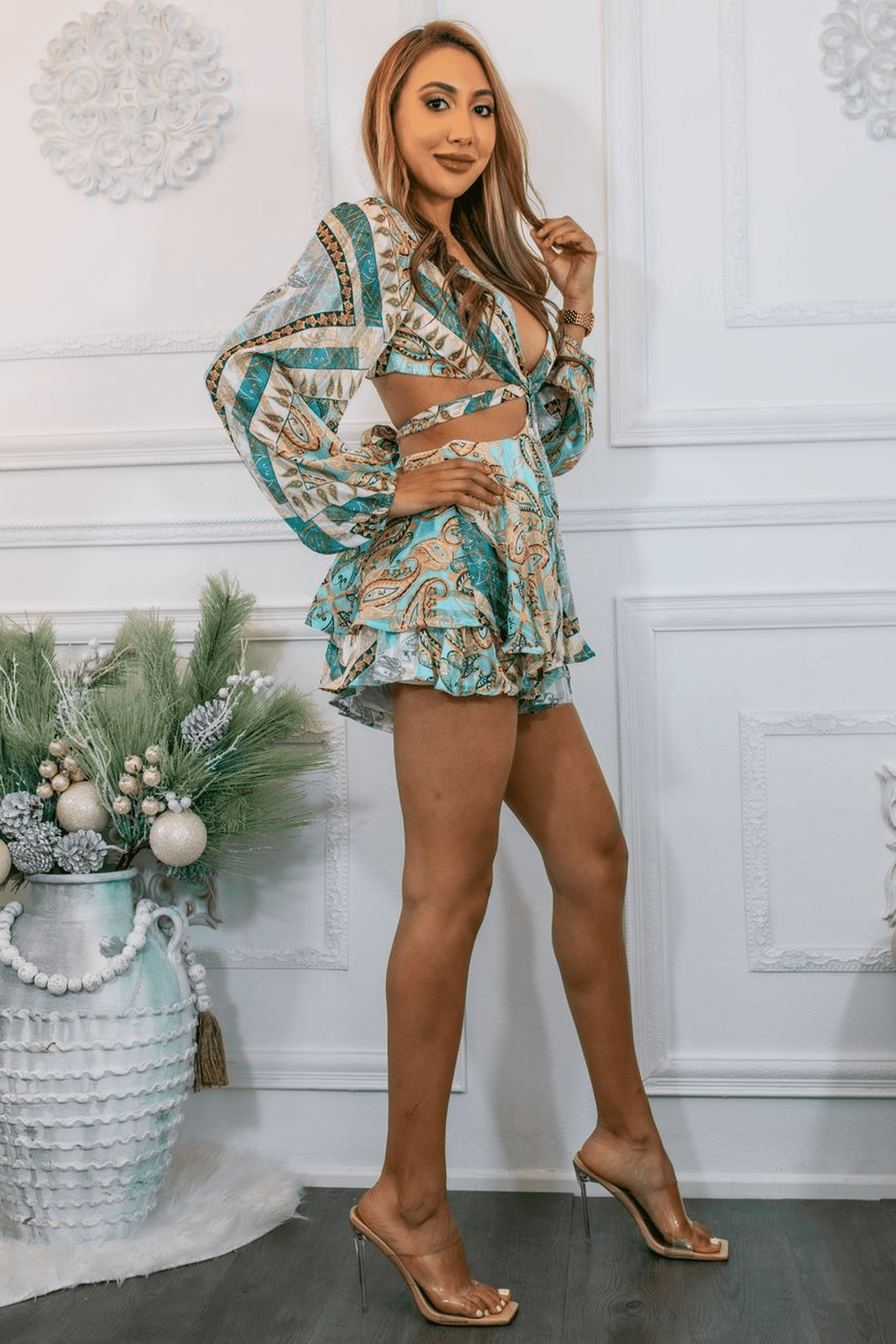 Just a Little Hint Bubble Sleeves Cut Out Romper SurelyMine