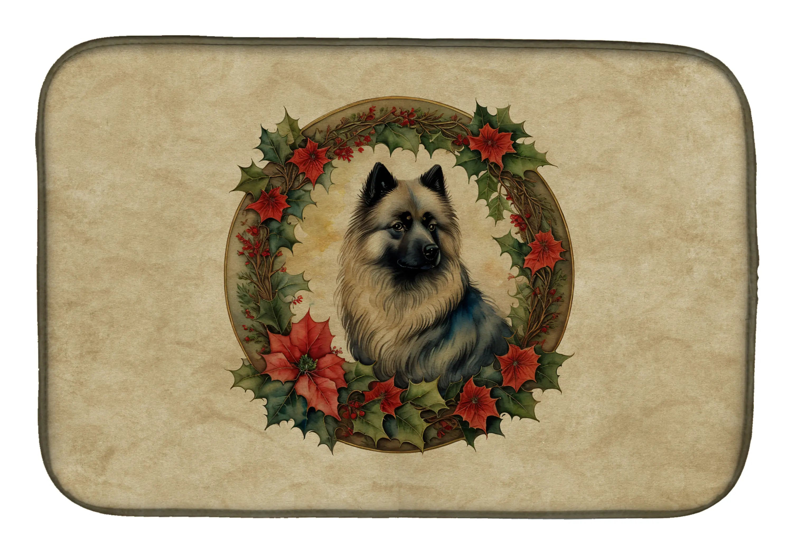 Keeshond Christmas Flowers Dish Drying Mat Caroline's Treasures
