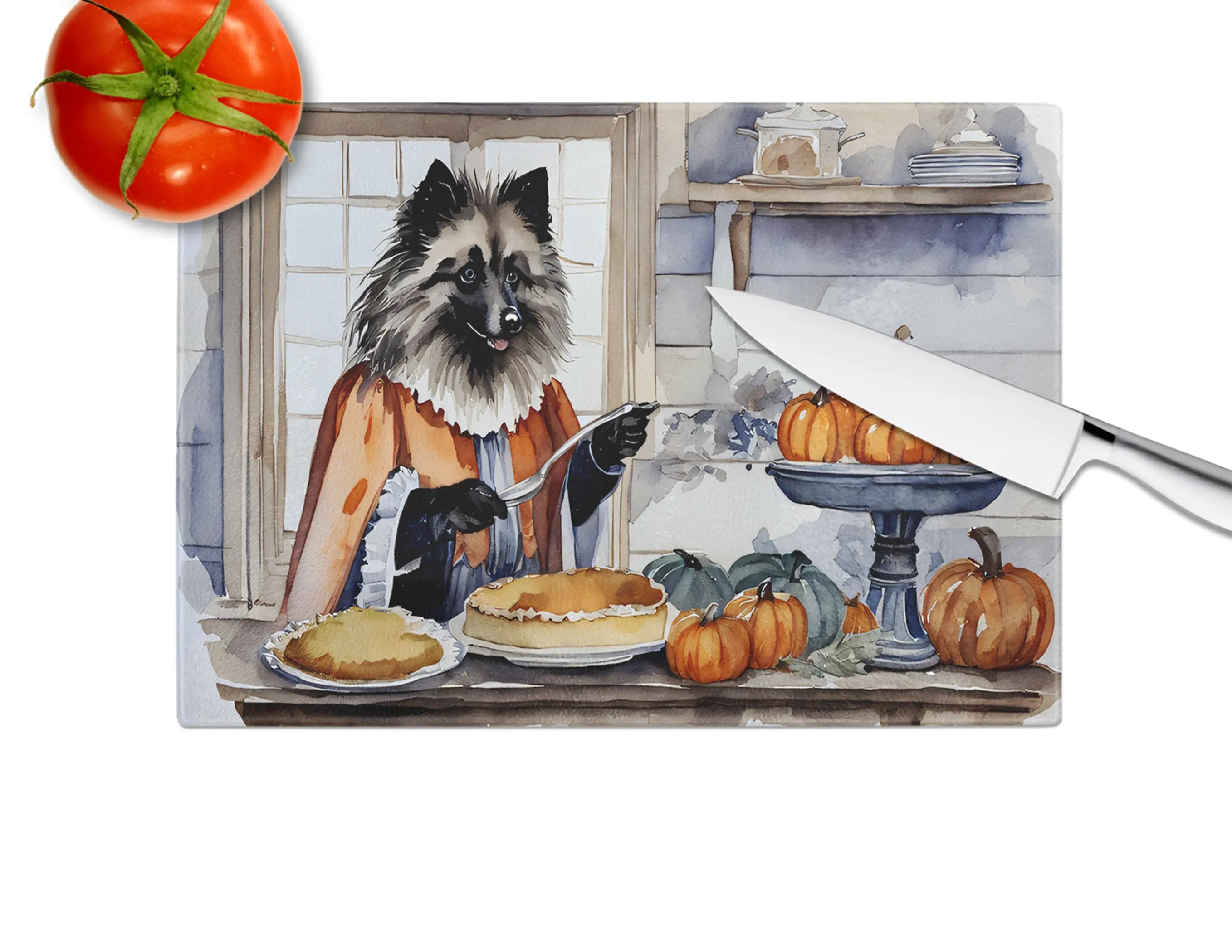 Keeshond Fall Kitchen Pumpkins Glass Cutting Board Caroline's Treasures