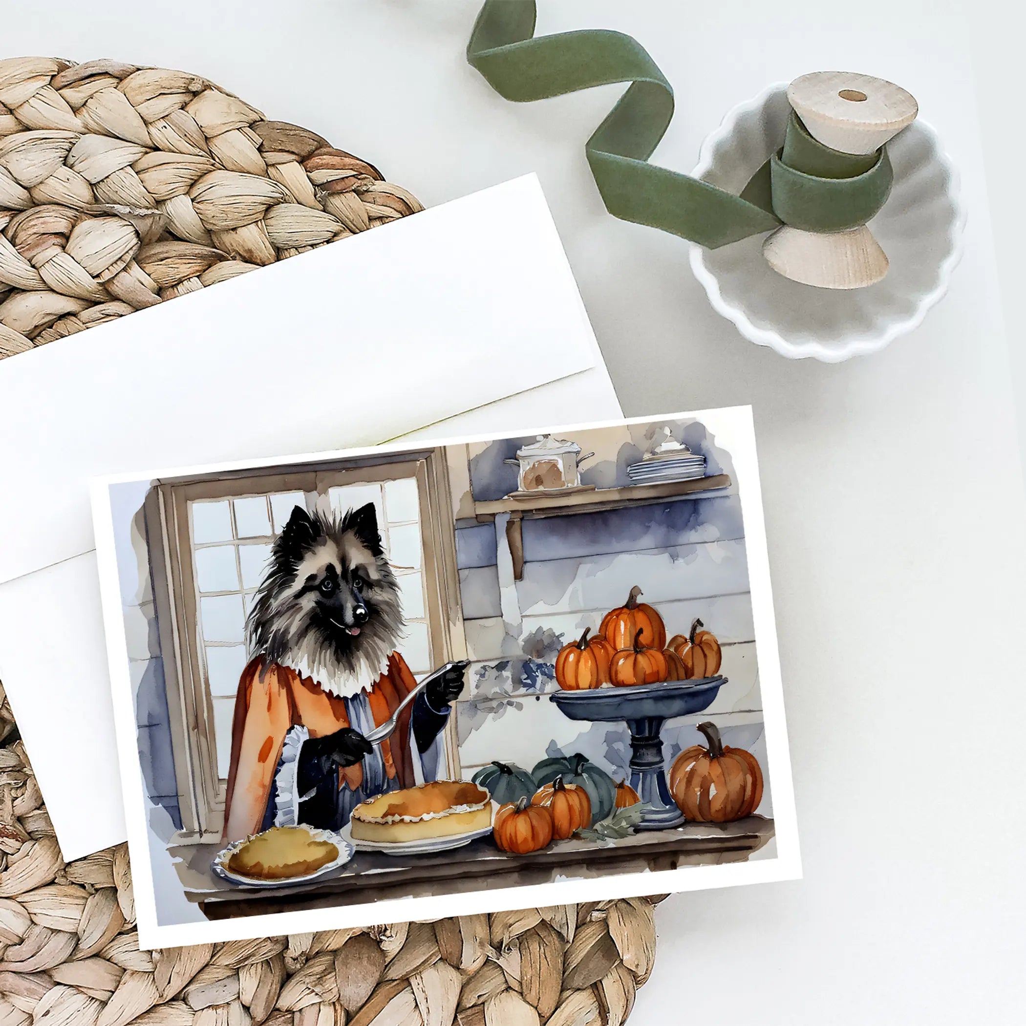 Keeshond Fall Kitchen Pumpkins Greeting Cards Pack of 8 Caroline's Treasures