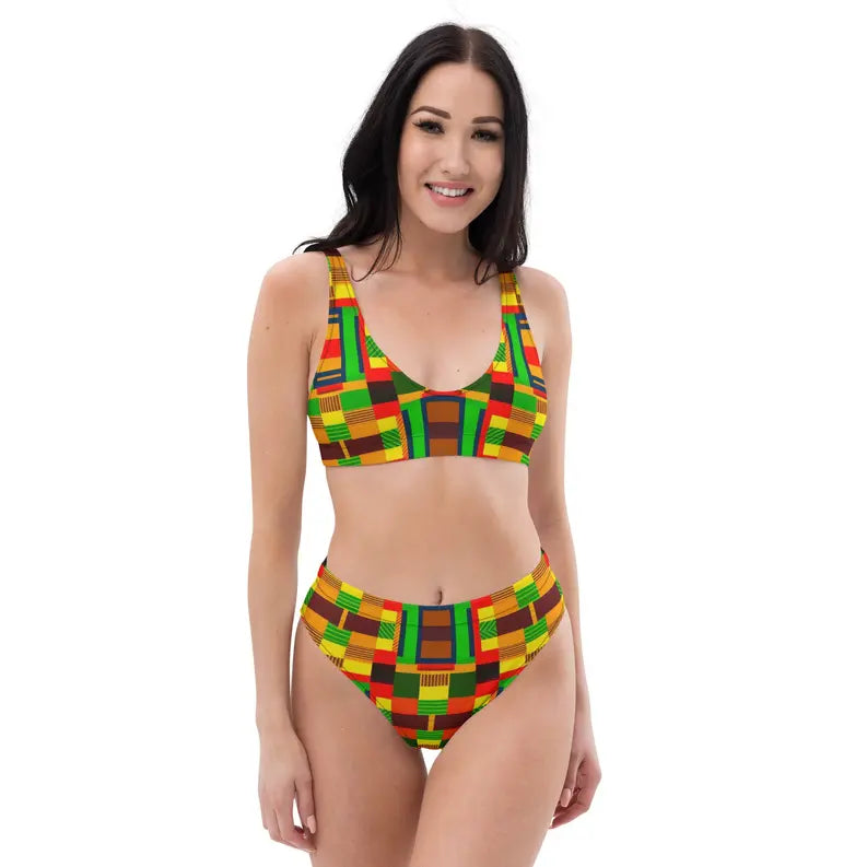 Kente African Print Vintage Floral High-Waisted Two Piece Swimwear for Women Adirelounge