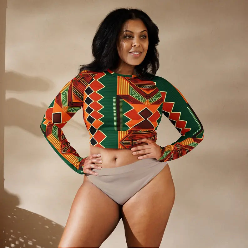 Kente Print African Women's Long Sleeve Crop Top Adirelounge