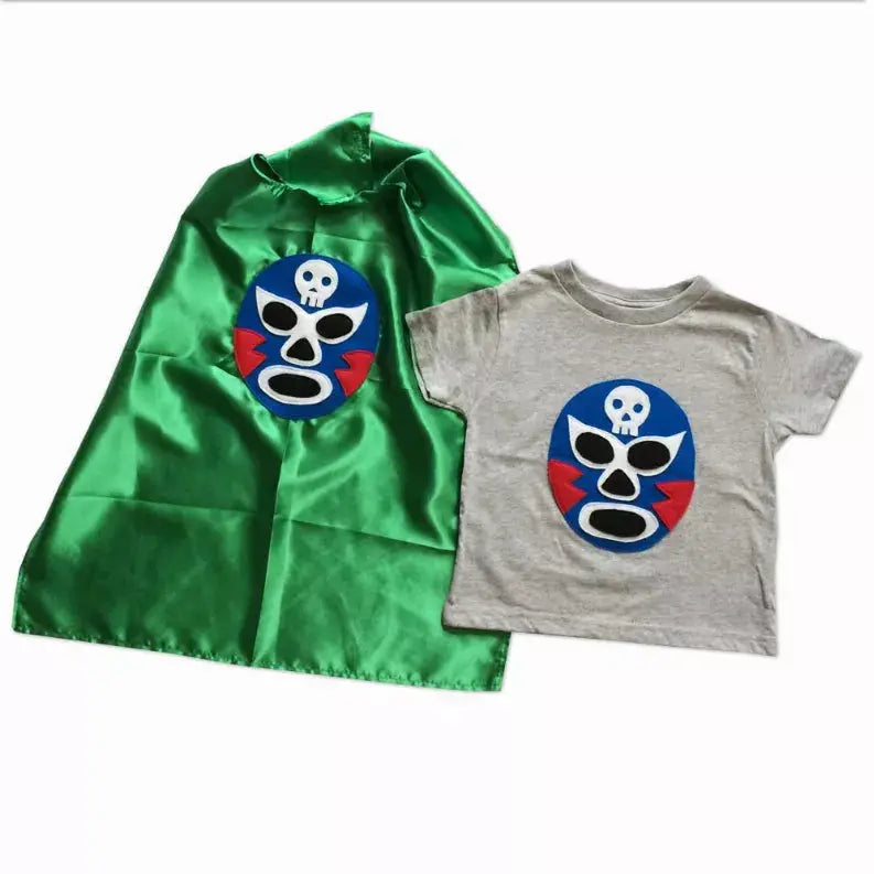 Kid's Cape and Shirt-Luchador Azul - Blue Mexican Wrestler Toddler T-Shirt & Green Cape Combo Mi Cielo
