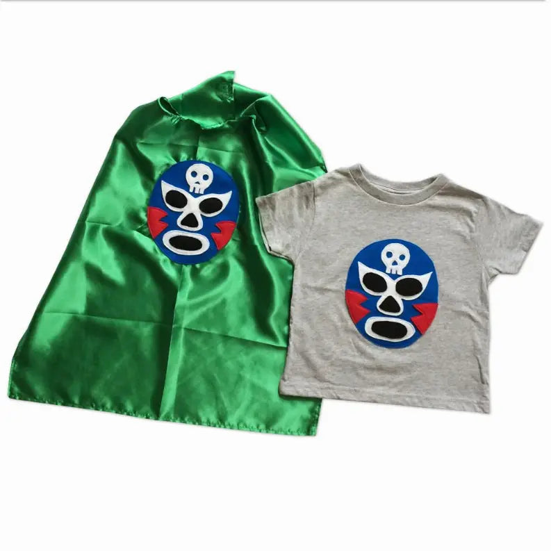 Kid's Cape and Shirt-Luchador Azul - Blue Mexican Wrestler Toddler T-Shirt & Green Cape Combo Mi Cielo