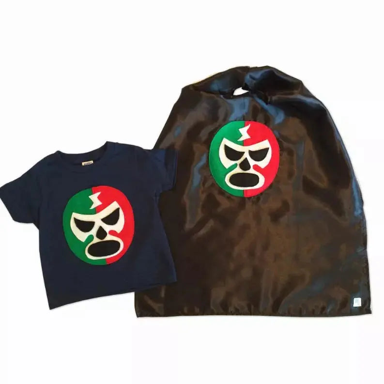 Kid's Cape and Shirt- Luchador Rojo + Verde - Red + Green Mexican Wrestler Combo Mi Cielo