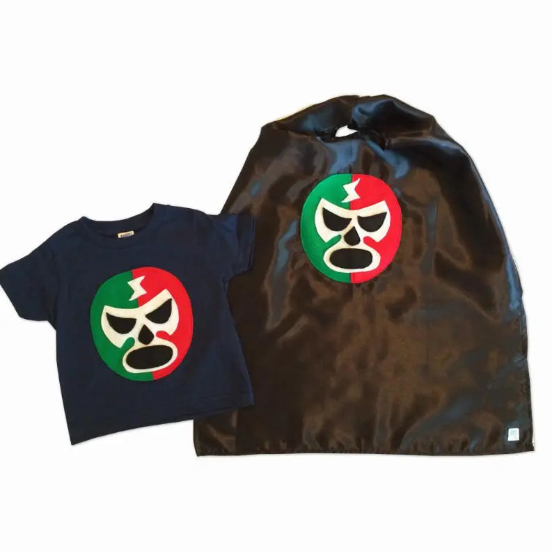 Kid's Cape and Shirt- Luchador Rojo + Verde - Red + Green Mexican Wrestler Combo Mi Cielo