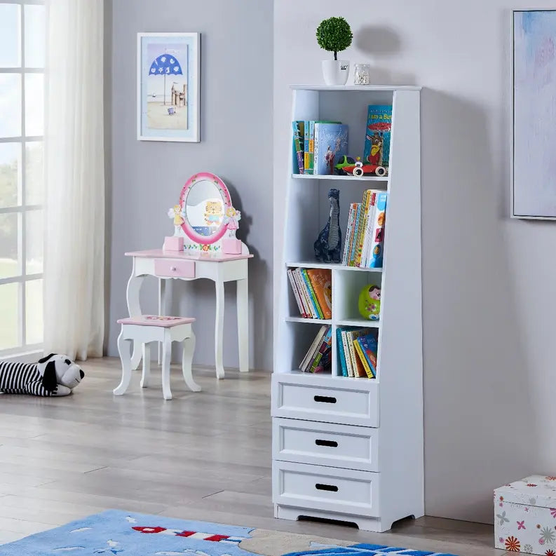 Kids Funnel Bookcase Book Shelf Storage Unit with Book Display/Organizer Drawers - Classic White Color Kids Funnel