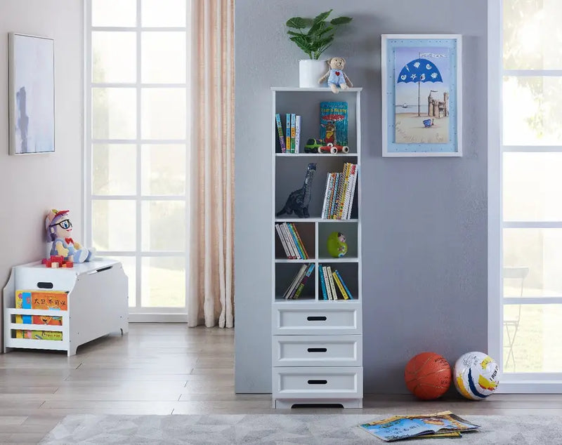 Kids Funnel Bookcase Book Shelf Storage Unit with Book Display/Organizer Drawers - Classic White Color Kids Funnel