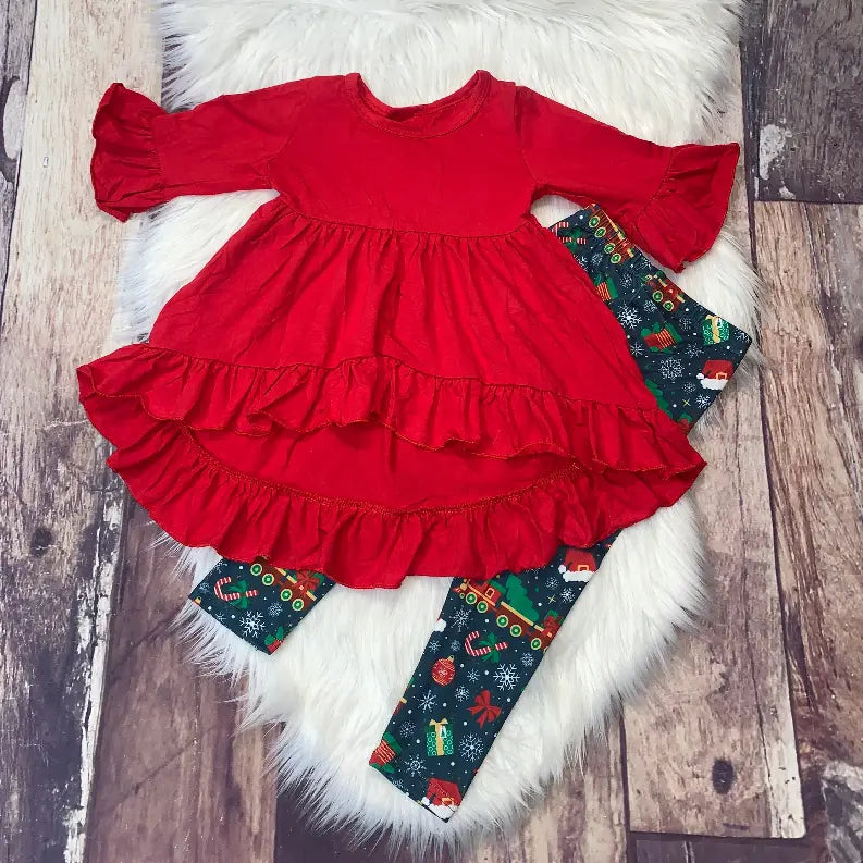 Knit Cotton High Low Top & Christmas Theme Leggings Set Stella Bean Clothing