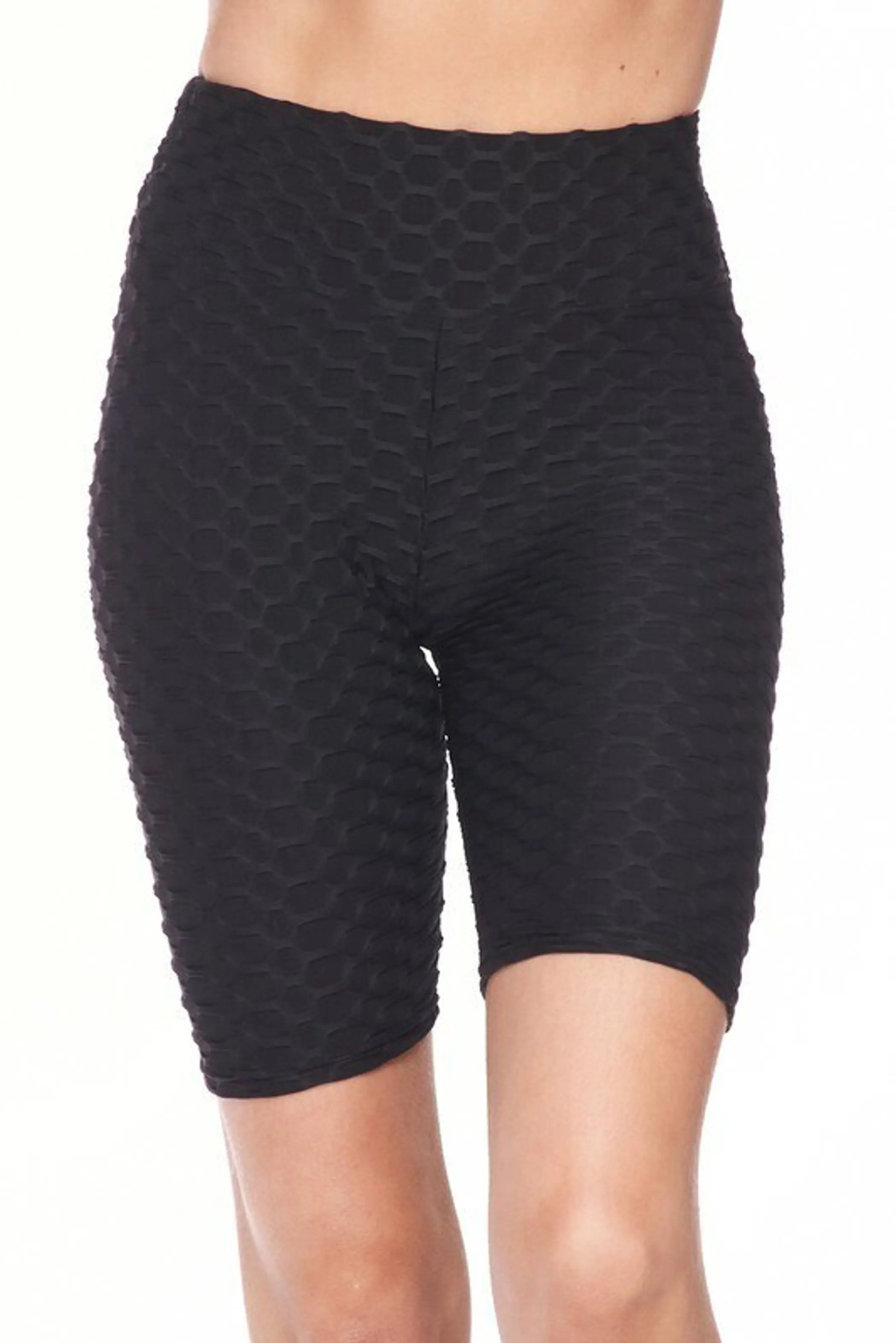 Kylie Scrunch Butt Anti Cellulite Honeycomb Texture Biker Shorts Black SurelyMine