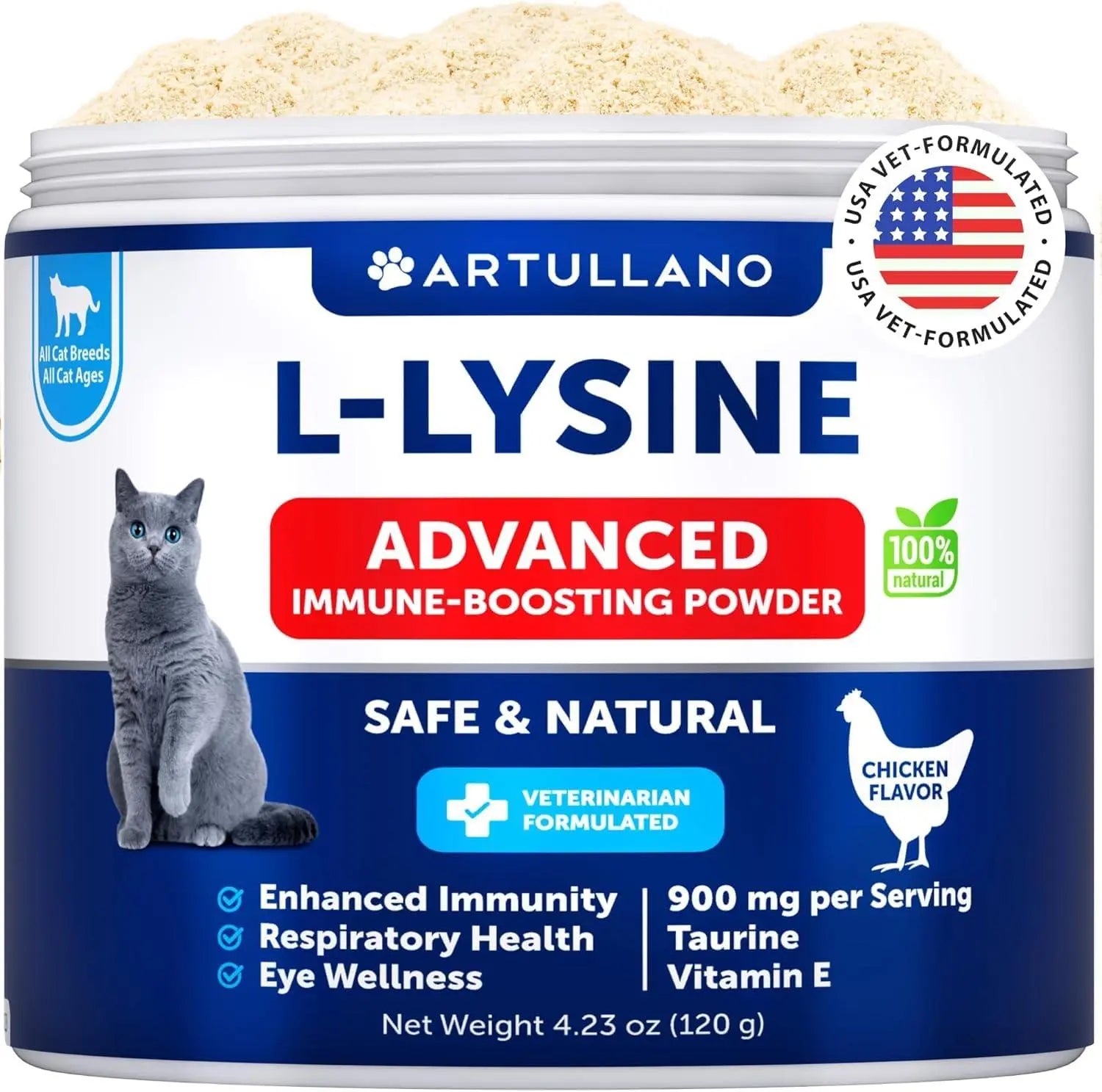L Lysine for Cats   Lysine Powder Supplement   900mg serving   Immune Support for Cats & Kittens   Sneezing Runny Nose Squinting Watery Eyes Cold Eye Function Respiratory Health   with Taurine Artullano