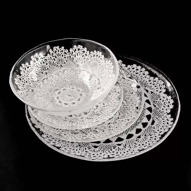 LILLE Glass Dinnerware Set Clear/White Red Pomegranate Collection
