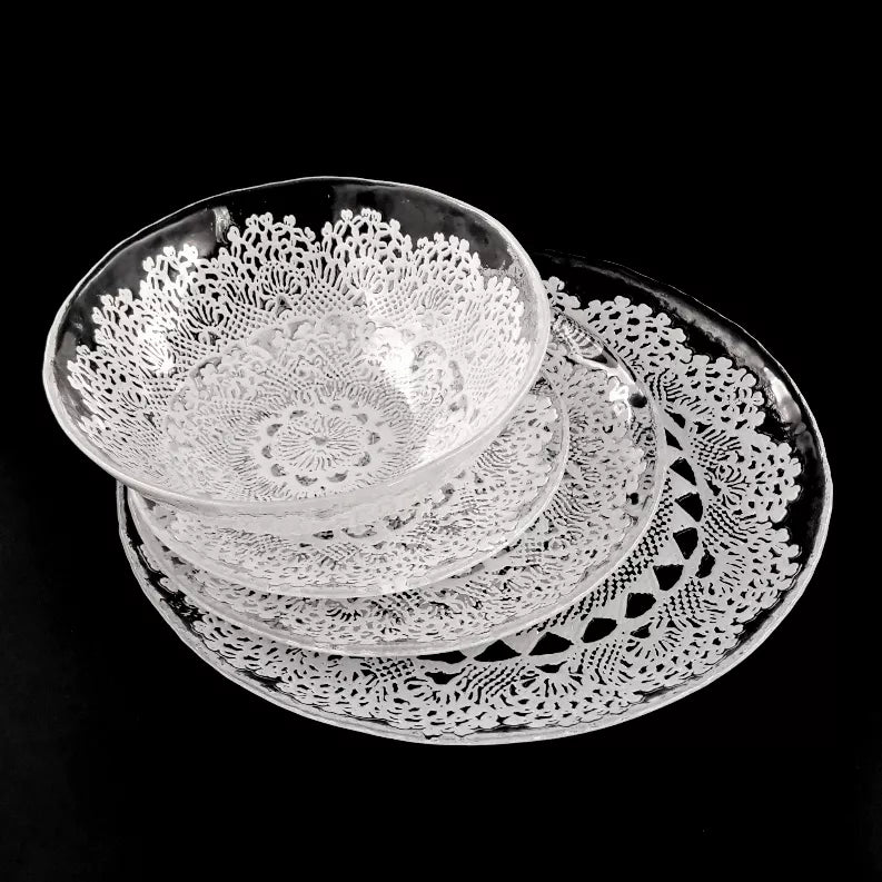 LILLE Glass Dinnerware Set Clear/White Red Pomegranate Collection