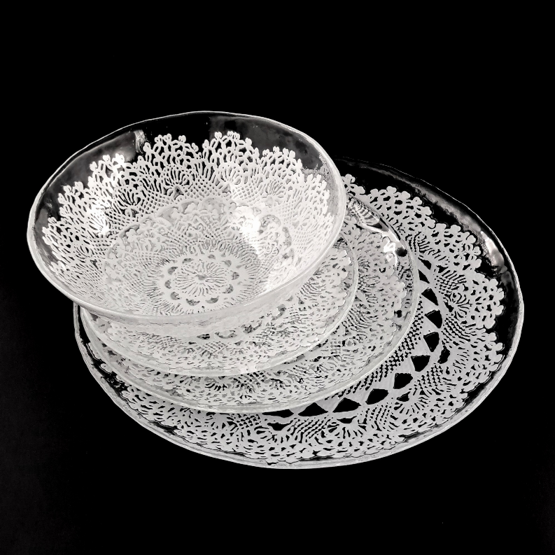LILLE Glass Dinnerware Set Clear/White Red Pomegranate Collection