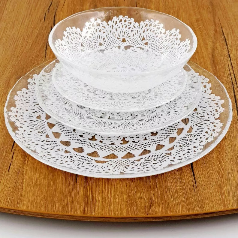 LILLE Glass Dinnerware Set Clear/White Red Pomegranate Collection