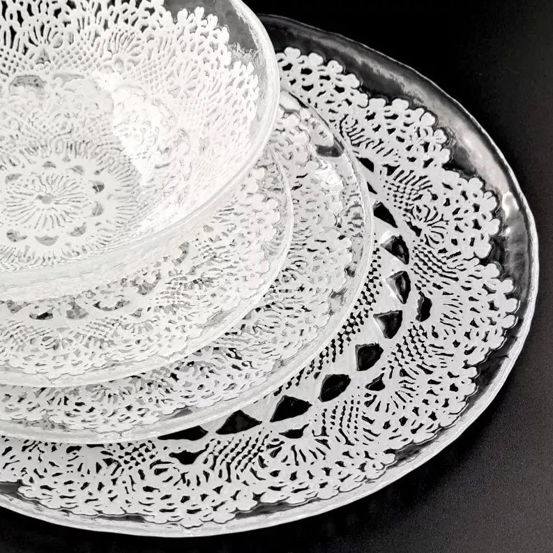 LILLE Glass Dinnerware Set Clear/White Red Pomegranate Collection