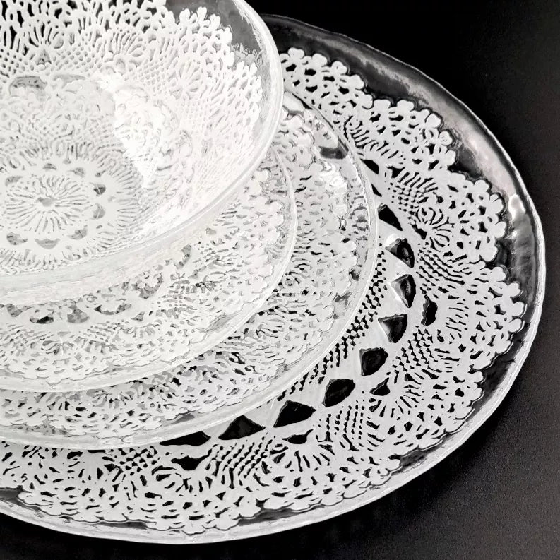 LILLE Glass Dinnerware Set Clear/White Red Pomegranate Collection