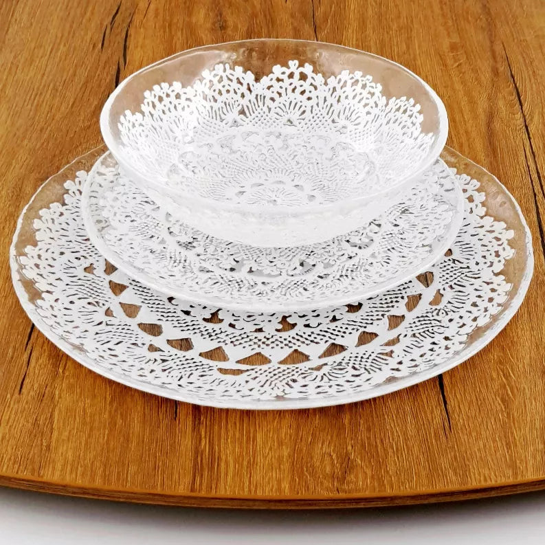 LILLE Glass Dinnerware Set Clear/White Red Pomegranate Collection