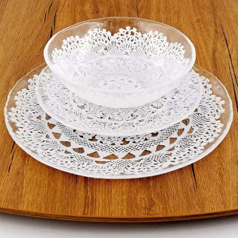 LILLE Glass Dinnerware Set Clear/White Red Pomegranate Collection