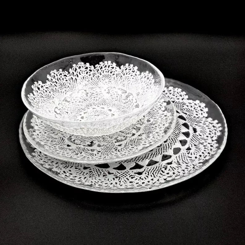 LILLE Glass Dinnerware Set Clear/White Red Pomegranate Collection