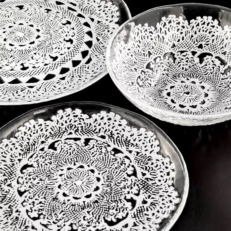 LILLE Glass Dinnerware Set Clear/White Red Pomegranate Collection