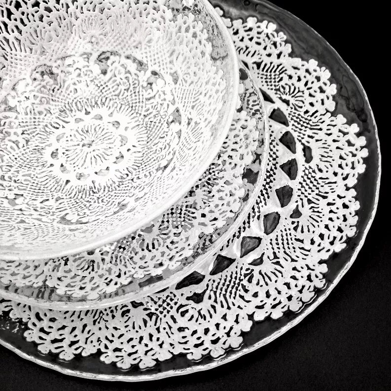 LILLE Glass Dinnerware Set Clear/White Red Pomegranate Collection